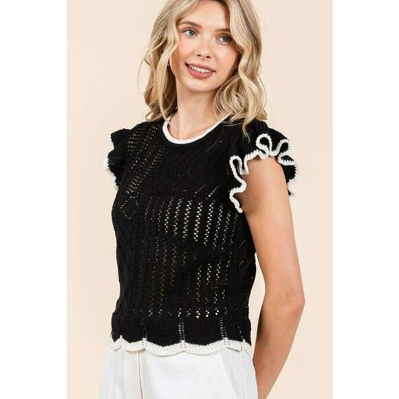 Mittoshop Multi Pattern Contrast Trim Ruffled Cap Sleeves Knit Sweater | Black - Picture 7 of 7